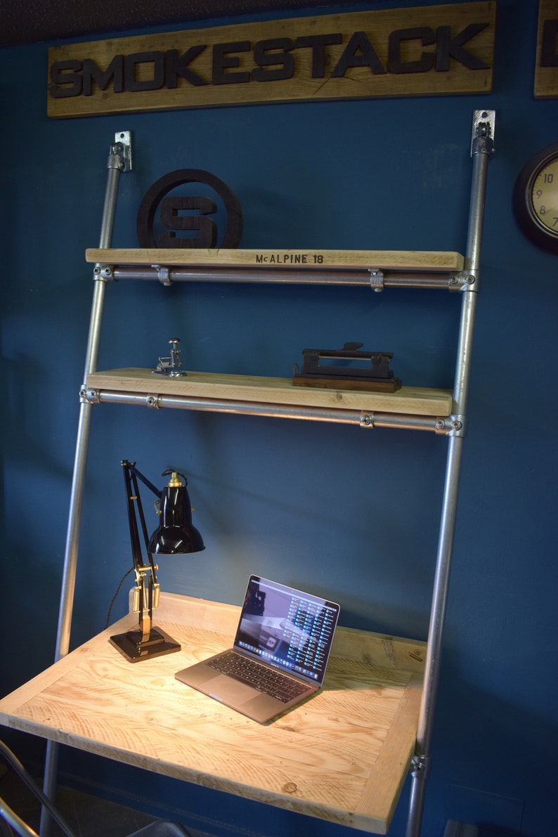 Lean-to Desk/Ladder Desk, Industrial Style, Reclaimed Scaffold Board Desk Top and Shelves with Galvanised Steel Frame image 5