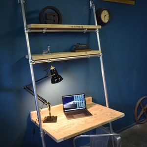 Lean-to Desk/Ladder Desk, Industrial Style, Reclaimed Scaffold Board Desk Top and Shelves with Galvanised Steel Frame image 1