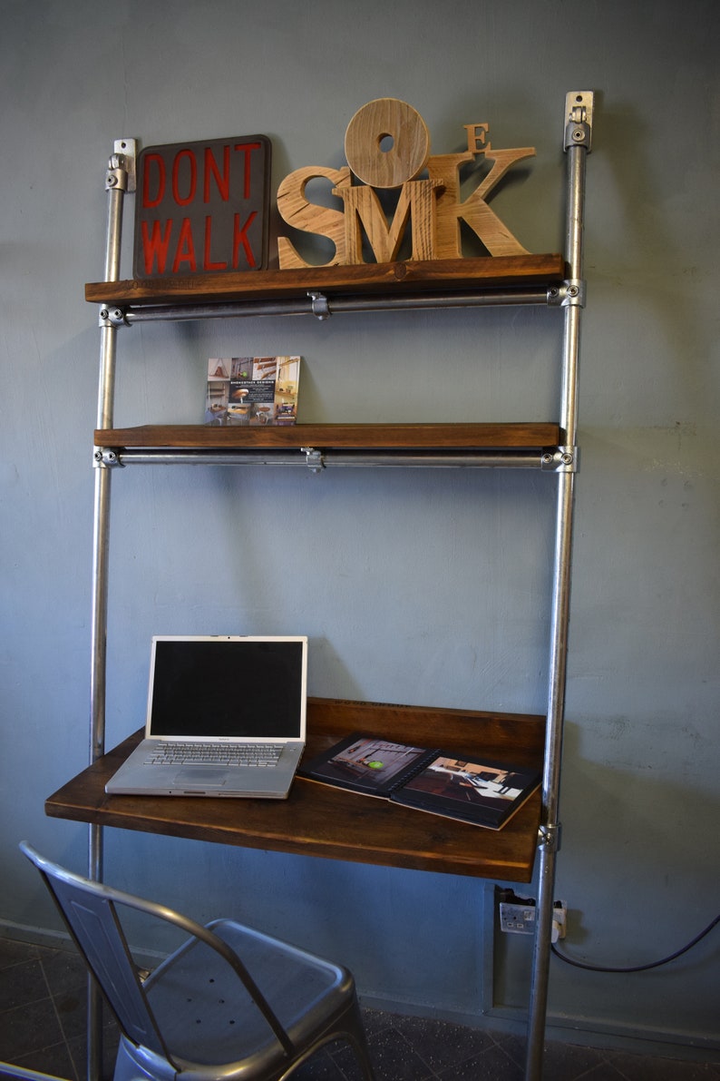 Lean-to Desk/Ladder Desk, Industrial Style, Reclaimed Scaffold Board Desk Top and Shelves with Galvanised Steel Frame image 9
