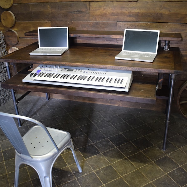 Raw Steel Industrial Style Music Studio Desk with extending Keyboard Shelf, and Rear Monitor/Speaker Platform, Reclaimed Scaffold Board