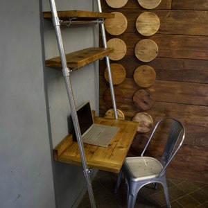 Lean-to Desk/Ladder Desk, Industrial Style, Reclaimed Scaffold Board Desk Top and Shelves with Galvanised Steel Frame image 4