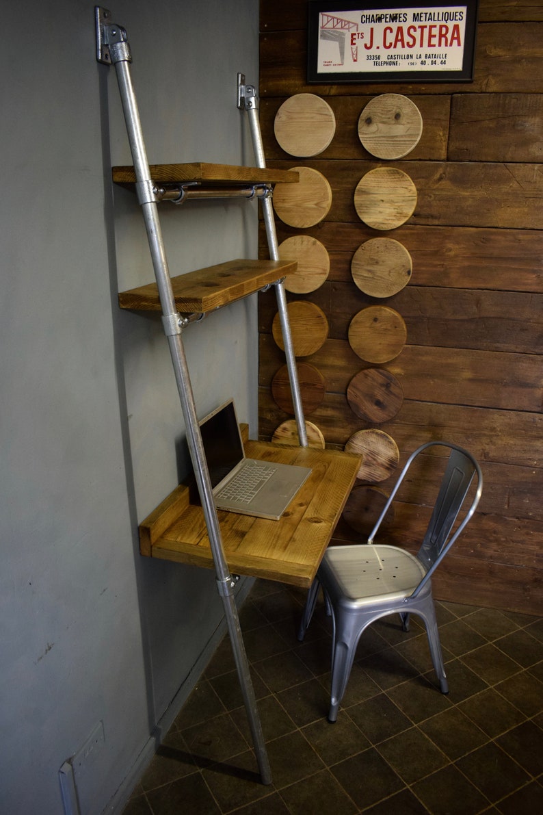 Lean-to Desk/Ladder Desk, Industrial Style, Reclaimed Scaffold Board Desk Top and Shelves with Galvanised Steel Frame image 4