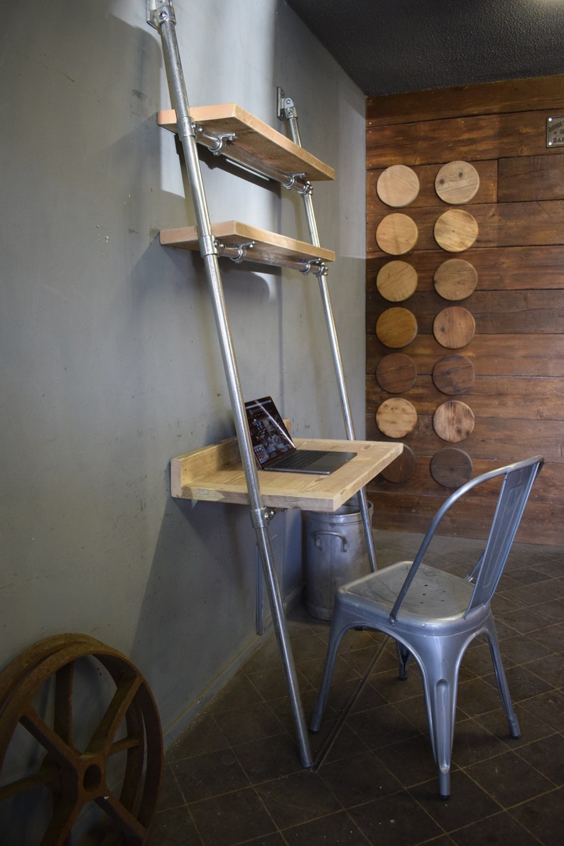 Lean-to Desk/Ladder Desk, Industrial Style, Reclaimed Scaffold Board Desk Top and Shelves with Galvanised Steel Frame image 2