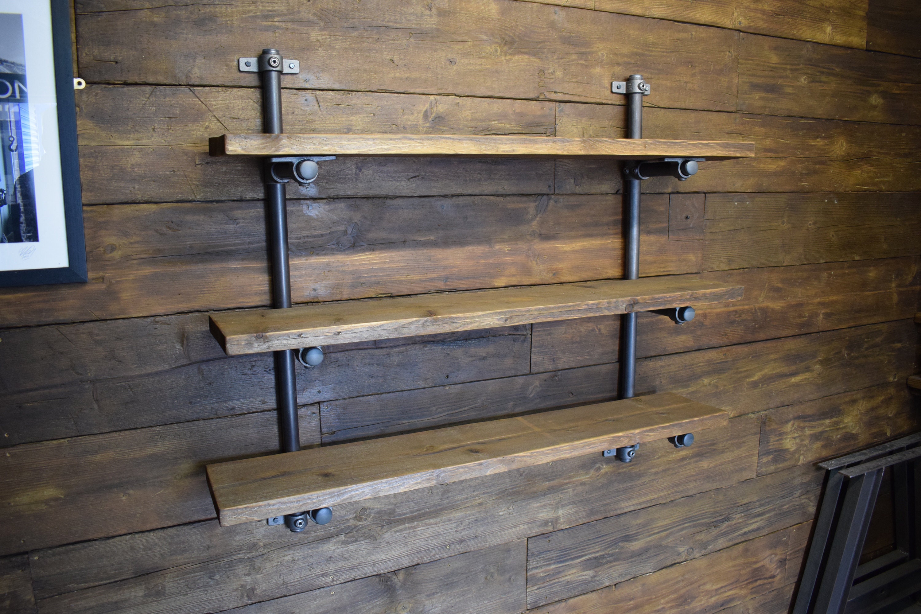 Trio Industrial Style Scaffold Shelves, Raw Steel Brackets, Reclaimed