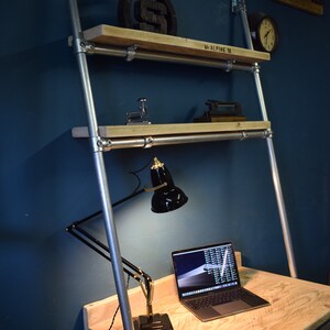 Lean-to Desk/Ladder Desk, Industrial Style, Reclaimed Scaffold Board Desk Top and Shelves with Galvanised Steel Frame image 3