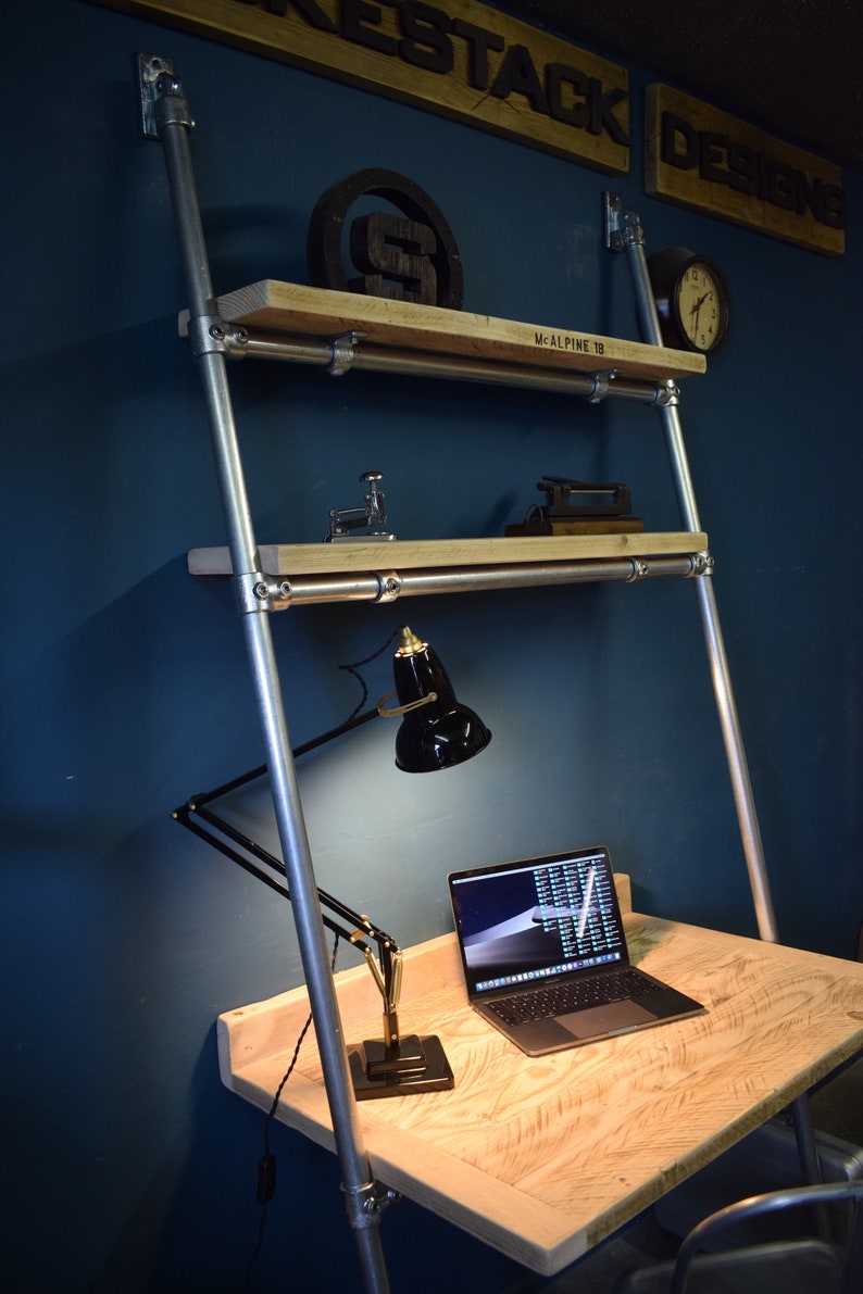 Lean-to Desk/Ladder Desk, Industrial Style, Reclaimed Scaffold Board Desk Top and Shelves with Galvanised Steel Frame image 3
