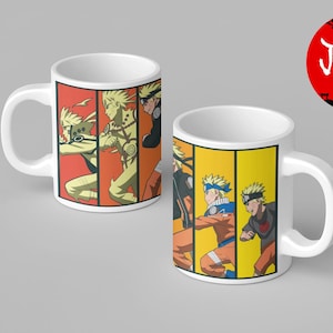 May include: Two white ceramic mugs featuring a multi-panel graphic print of a blonde anime character in various action poses. The left mug displays red and orange backgrounds, while the right mug features yellow backgrounds. Both mugs have a handle.