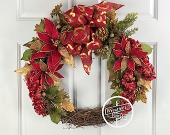 Christmas Wreath, Holiday Wreath, Poinsettia Wreath, Red Wreath, Front Door Wreath, Wreath Street Floral, Grapevine Wreath, Door Wreath