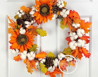 SALE Fall Wreath, Autumn Wreath, Orange Wreath, Cotton Boll Wreath, Sunflower Wreath, Front Door Wreath, Grapevine Wreath