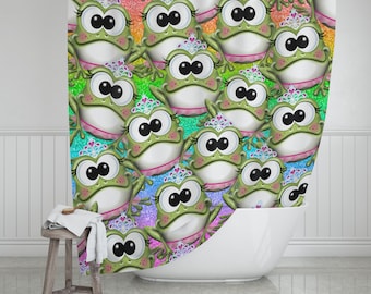 Crowned Princess Frog Rainbow 74”H x 71”W Shower Curtain|Frog Shower Curtain|Cute Frog Bathroom Decor|Shower Curatin