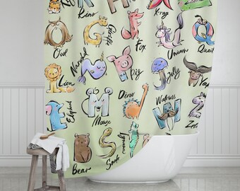 Alphabet Animal Kids Shower Curtain: Fun Green Bathroom Decor