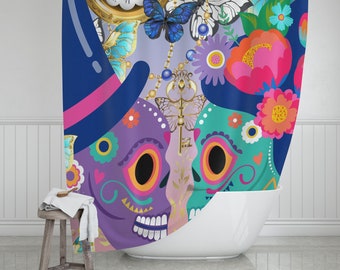 Day Of The Dead Couple Shower Curtain|Día de los Muertos Shower Curtain|Couple Sugarskull|Festive Sugarskull