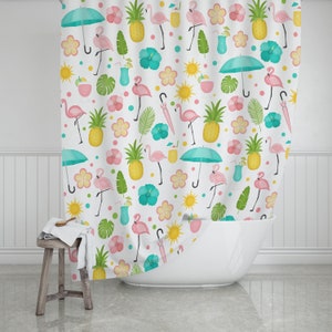Tropical Flamingo Summer Shower Curtain |Flamingo Shower Curtain|Tropical Bathroom Decor