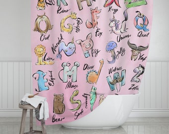 Alphabet Animal Kids Shower Curtain: Fun Pink Bathroom Decor