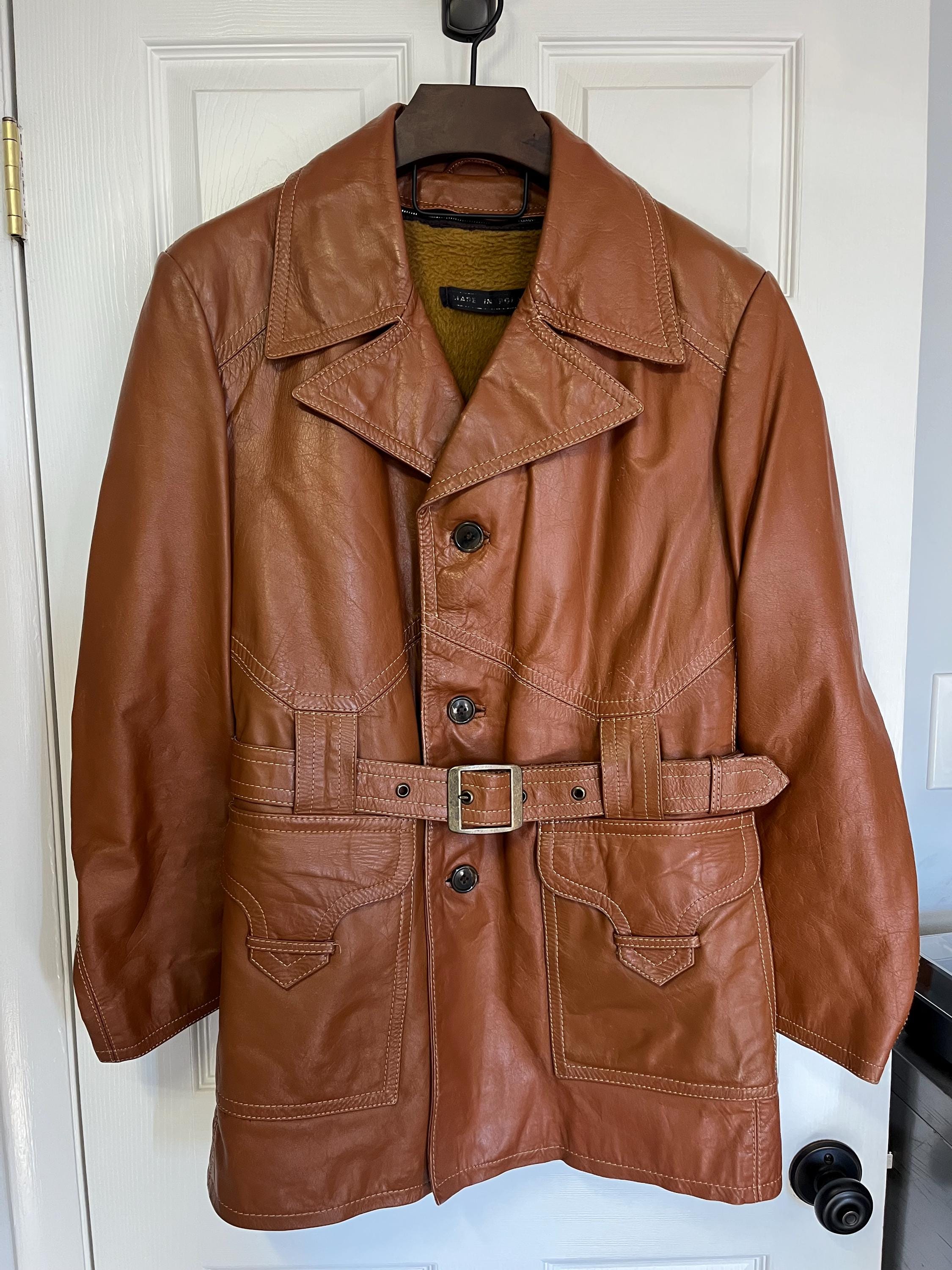 Vintage 1970s Double Breasted Retro Belted Pea Coat Leather
