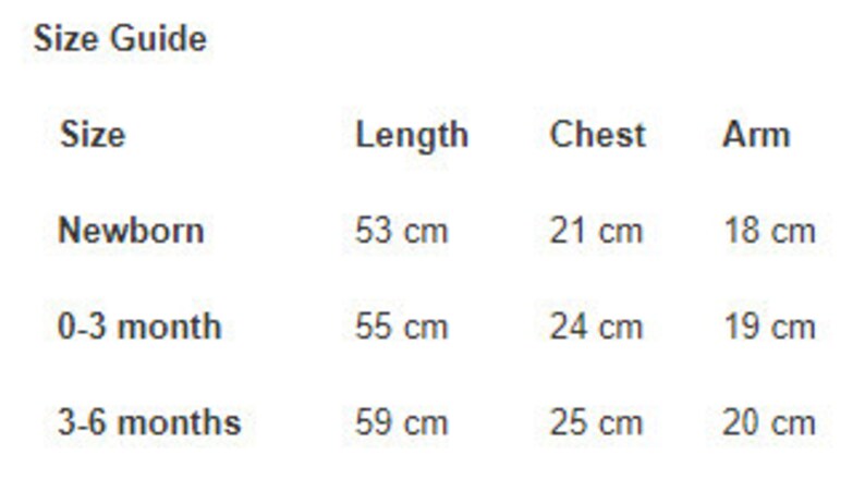 May include: A size guide chart for newborn and infant clothing. The chart lists sizes, lengths in centimeters, chest measurements in centimeters, and arm measurements in centimeters for newborn, 0-3 month, and 3-6 month sizes.