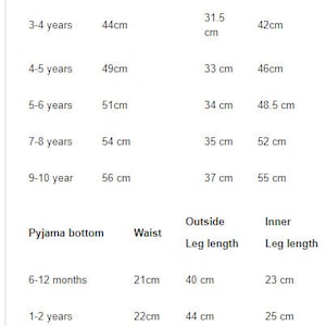 May include: A size chart for children's pajamas, detailing measurements for tops and bottoms. The chart includes lengths, chest sizes, arm lengths, waist sizes, and leg lengths in centimeters for various age groups, from 6-12 months to 9-10 years.