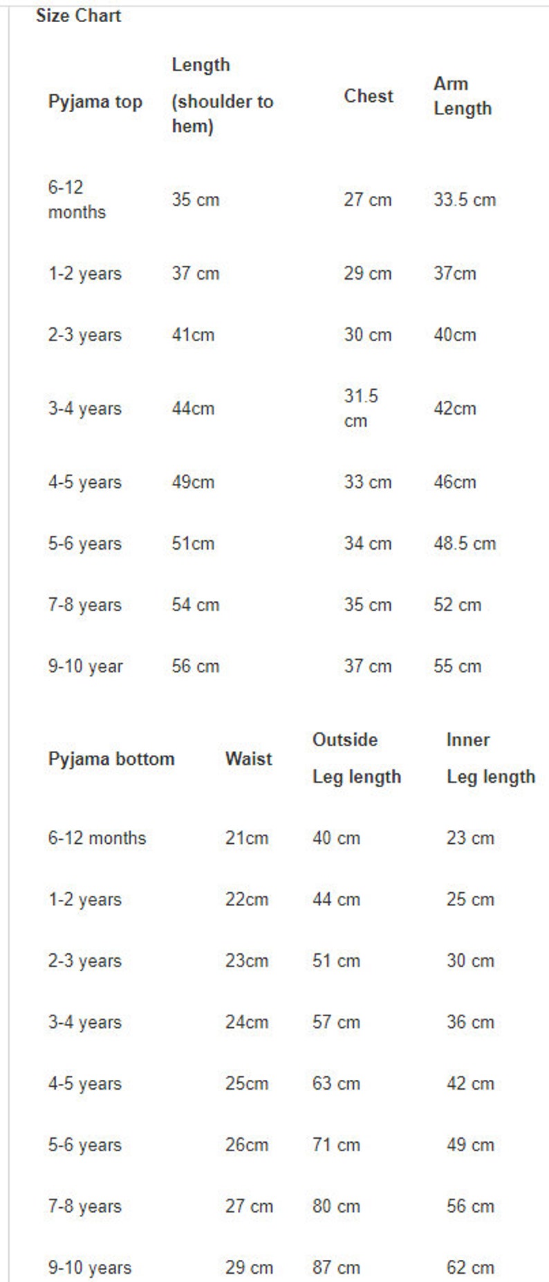May include: A size chart for children's pajamas, detailing measurements for tops and bottoms. The chart includes lengths, chest sizes, arm lengths, waist sizes, and leg lengths in centimeters for various age groups, from 6-12 months to 9-10 years.