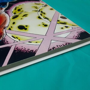 May include: Close-up of the spine of a comic book with a colorful illustration of a superhero in a red, blue, and white costume standing in front of a pink and yellow background.
