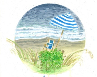 Beach Umbrella Print-Folly Beach-Giclee Fine Art Print of Original Gouache Painting