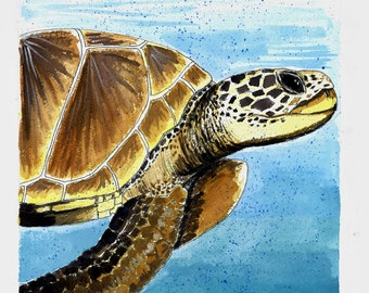 Sea Turtle Print-Giclee Fine Art Print of Original Gouache Painting