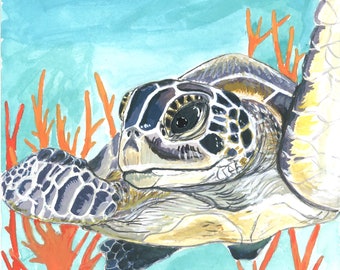 Sea Turtle with Coral-Giclee Fine Art Print of Original Gouache Painting