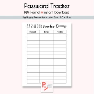PASSWORD TRACKER Inserción imprimible de Big Happy Planner, Crear 365, Inserciones de Happy Planner, Planificador de tamaño de carta, Planificador de discos, Descarga instantánea