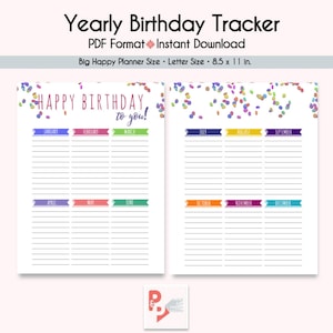 SEGUIMIENTO DE CUMPLEAÑOS AÑO Inserciones imprimibles de Big Happy Planner, Inserciones de Happy Planner, Big Happy Planner, Planificador de tamaño de carta, Descarga instantánea