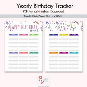 YEARLY BIRTHDAY TRACKER Happy Planner Printable Insert, Create 365, Happy Planner Inserts, Happy Planner Classic, Instant Download