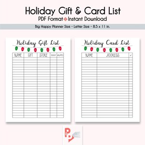 HOLIDAY GIFT & CARD List Big Happy Planner Printable Inserts, Create 365, Happy Planner Insert, Letter Size Planner, Instant Download