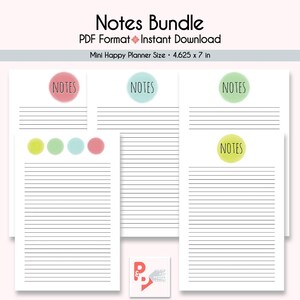 NOTES BUNDLE Mini Happy Planner Printable Inserts, Create 365, Happy Planner Insert, Happy Planner Mini, MAMBI Planner, Instant Download