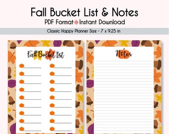 FALL BUCKET LIST & Notes Page Happy Planner Printable Inserts, Create 365, Happy Planner Page, Happy Planner, Disc Planner, Instant Download