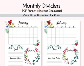 Watercolor Floral Monthly Dividers, Happy Planner Inserts (Digital Download)