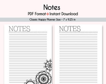 NOTES Happy Planner Printable Inserts, Create 365, Happy Planner Insert, Happy Planner Classic, MAMBI Planner, Instant Download