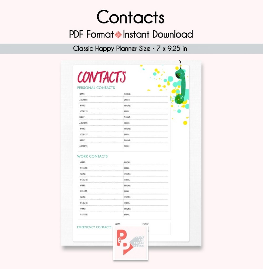 CONTACTS Happy Planner Printable Insert, Create 365, Happy Planner ...