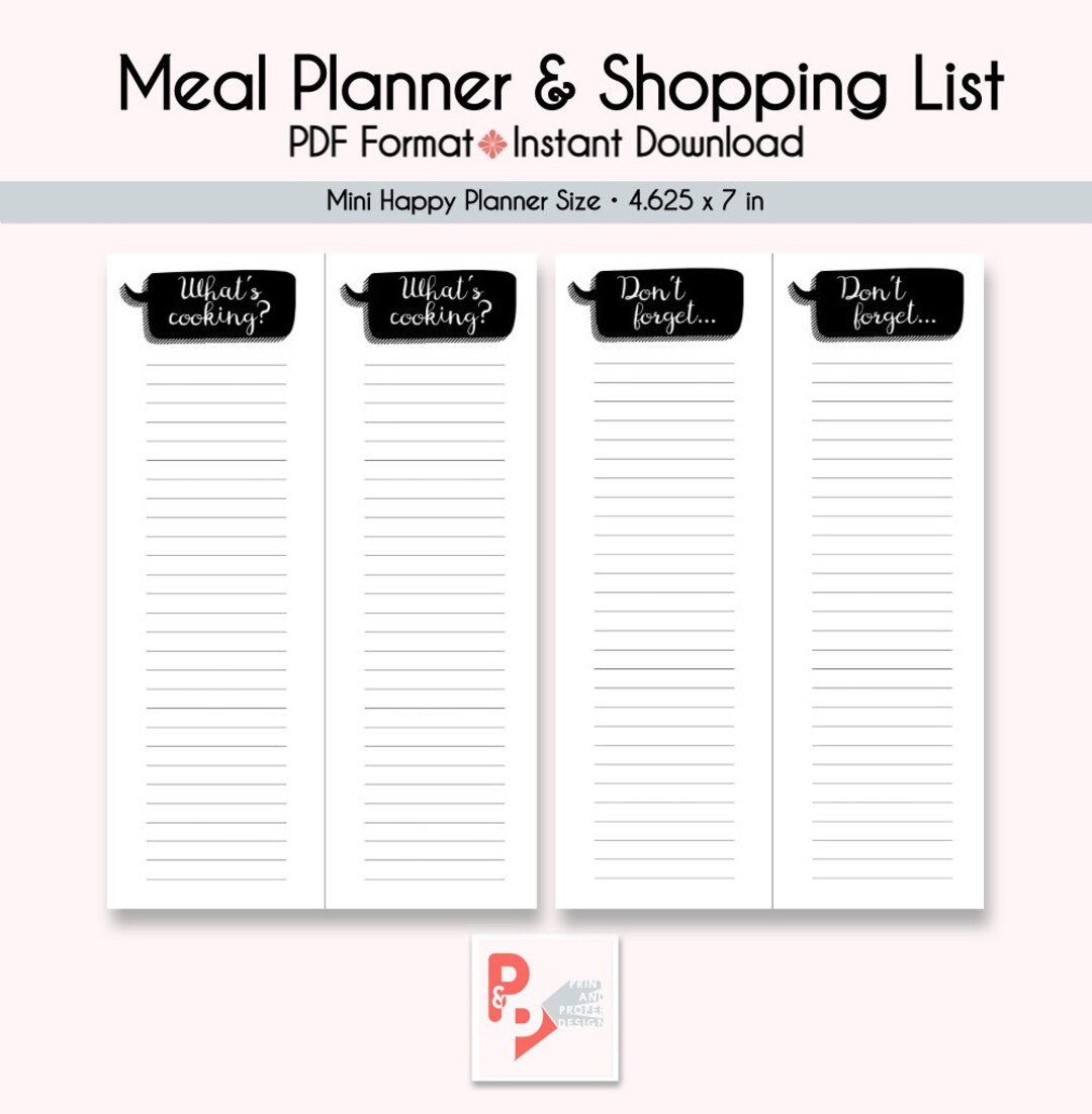 Mini Happy Planner Meal Planner & Shopping List Inserts (digital ...