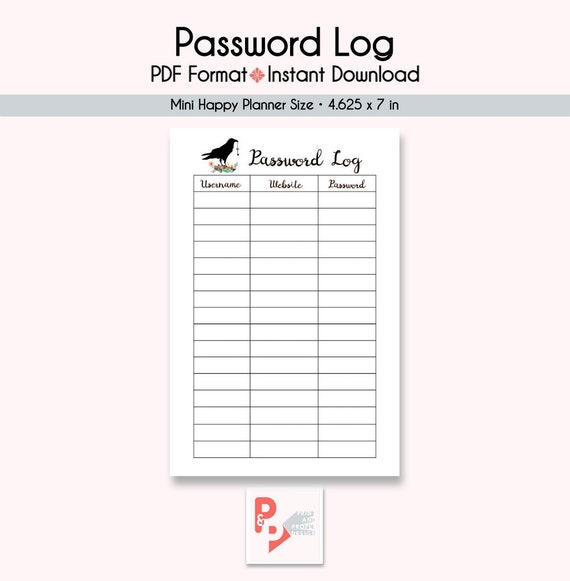 PASSWORD LOG Mini Happy Planner Printable Insert Create 365 | Etsy