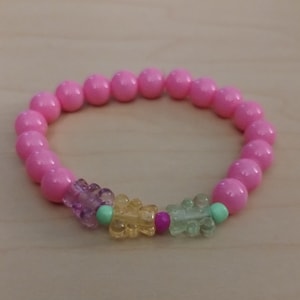 Pink Gummy Bear Charm Bracelet: 8mm Pearl Bead Jewelry