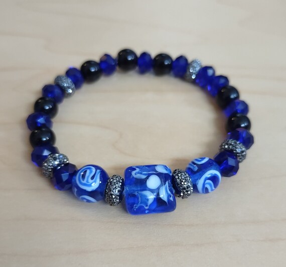 Royal Blue Sapphire Bracelet: Speckled Square Bead Stretch Jewelry