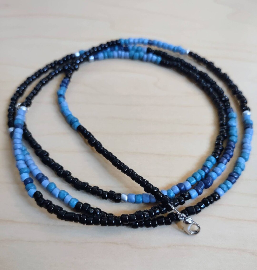 Long blue beaded necklace deals