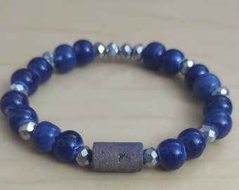 Navy Blue Galaxy Stone Druzy Stretch Bracelet.