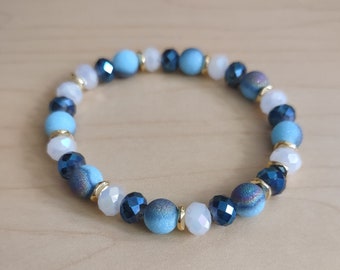 Blue Druzy Gemstone Stretch Bracelet for a Woman, Handmade Gemstone Bracelet for Her, Beautiful Sparkle Blue Druzy Bracelet for a Woman