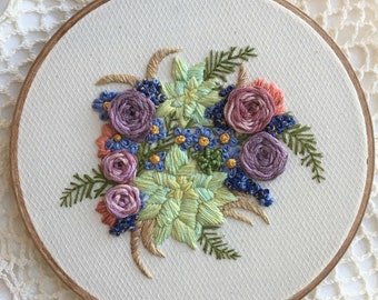 Bouquet of Springtime Flowers and Succulents, Hand Embroidered, 6 inch Hoop Art