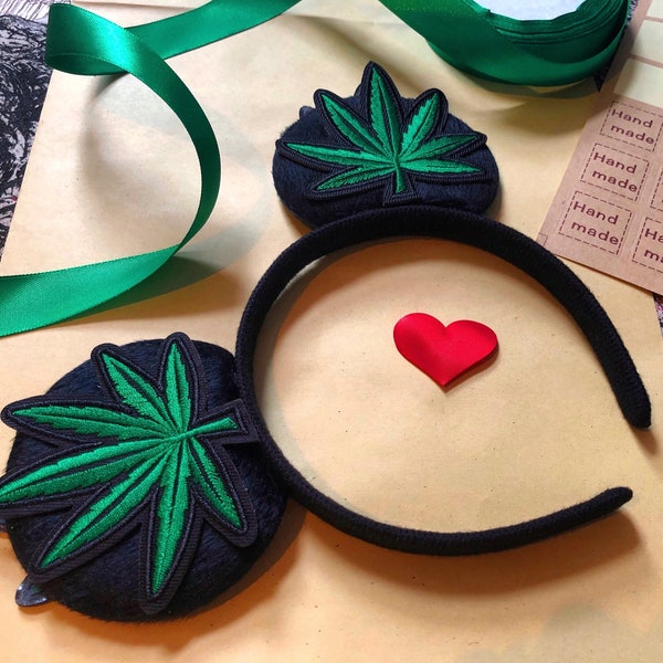 Hemp Leaf Stoner Mickey Mouse Party Ears, Cannabis Weed Marijuana Unisex Headband, Halloween Festival Rave Adults Accessories Party Gift