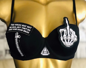 Skeleton Middle Finger Diamond Zip Party Bra in Black and White, Cool Design Funny Gothic Hand Festival Rave Patches Halloween Costume Top