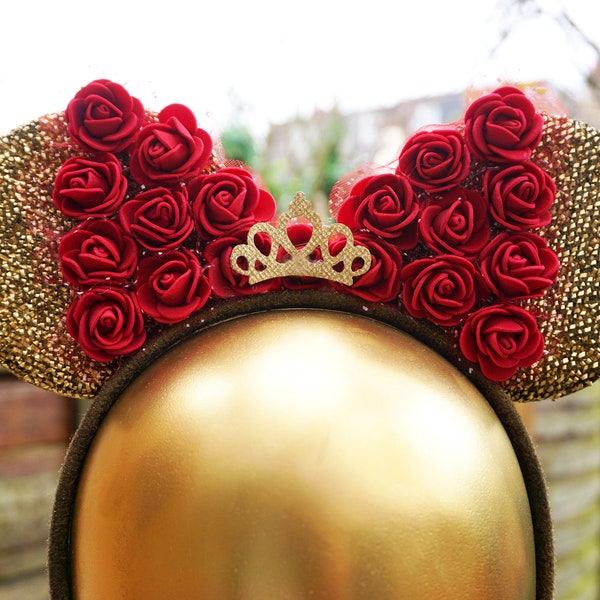 Gold Silver Minnie Mouse Ears with Wine Red Roses and Crown, Floral Disney Headband Accessories, Adults and Kids One Size Perfect Party Gift