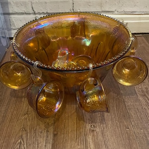 Vintage Indiana Glass Punch Bowl Set Iridescent Amber Gold Carnival Glass with 10 Cups & Ladle | Wedding Party Décor