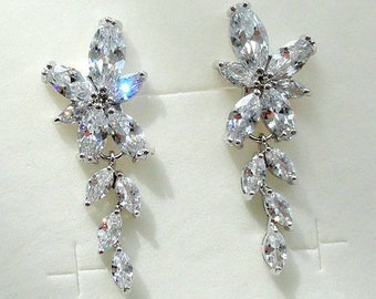 Bridal Earrings Crystal Wedding Earrings Bridal Jewelry Bride Earrings Wedding Jewelry Dangle Leaf Earrings Cubic Zirconia Silver Earrings
