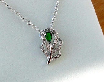 Emerald Green necklace Green jewelry Gift for mother of Bride gift Birthday gift for girlfriend Dainty necklace Emerald Feather necklace