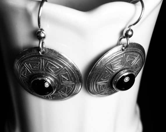 Vintage Artisan Aztec Style Black Onyx + Sterling… - image 2